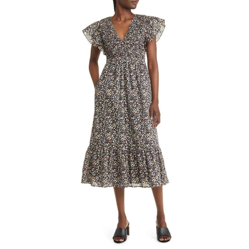 Rails Clementine Smocked Back Black and Floral Midi Dress Women's Size Medium